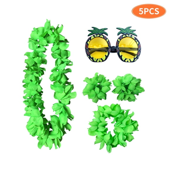 Hawaiian Leis Luau Party Set – Flower Necklace, Headband, Bracelets & Sunglasses – Ideal for Beach Wedding, Birthday, Holiday, Hawaii Theme Party, Graduation Decoration-Green