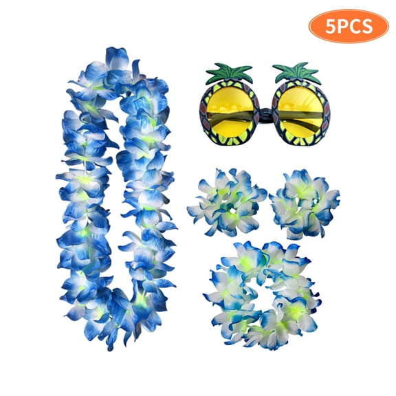 Hawaiian Leis Set - Tropical Flower Garlands for Luau Party, Hula Costume Accessories, Beach Theme Celebration Supplies, Floral Necklaces A539_Blue