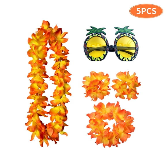 Hawaiian Leis Set - Tropical Flower Garlands for Luau Party, Hula Costume Accessories, Beach Theme Celebration Supplies, Floral Necklaces A540_Orange