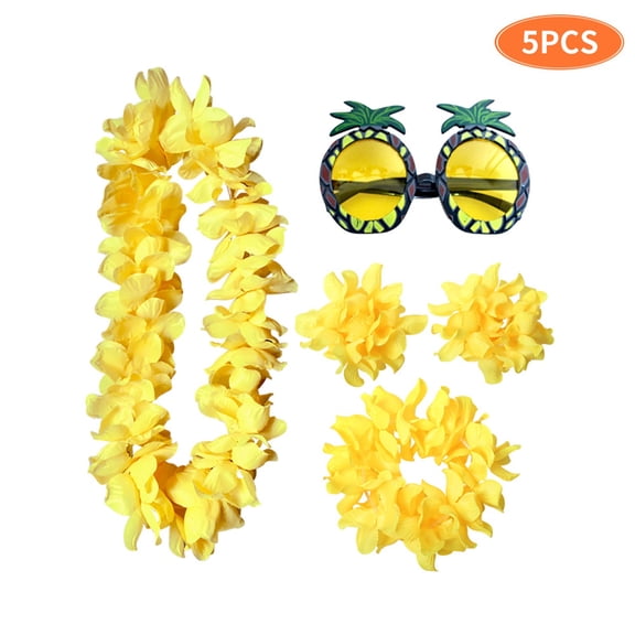 Hawaiian Leis Set - Tropical Flower Garlands for Luau Party, Hula Costume Accessories, Beach Theme Celebration Supplies, Floral Necklaces A541_Yellow