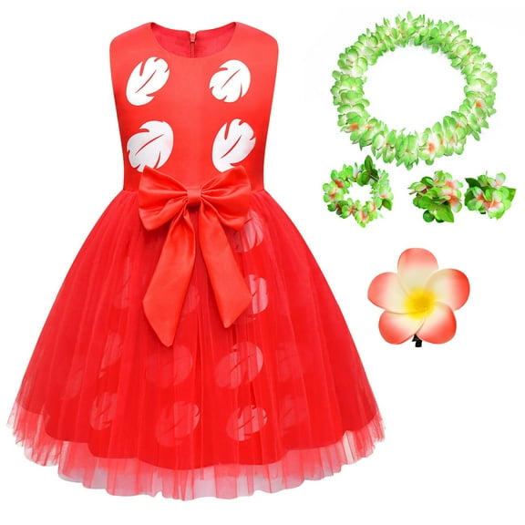 Hawaiian Little Girls Costume Dress with Luau Flower Accessories, 3-9Y