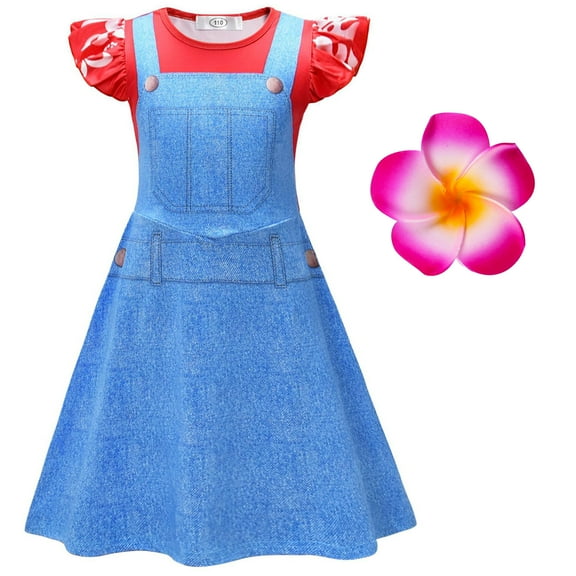 Hawaiian Little Girls Costume with Flower Hair Clip Halloween Party Cosplay Outfit(4-9Y)