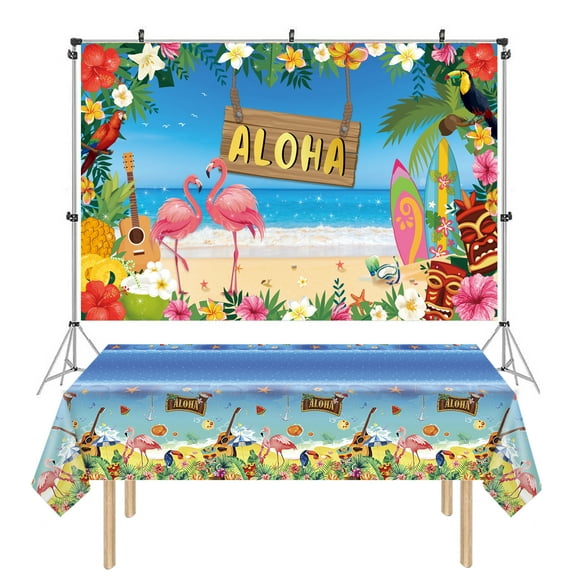 Hawaiian Luau Birthday Party Supplies, Tropical Aloha Birthday Party Backdrop 43x71 Inch And 51x87 Inches Tablecloth for Party Decoration