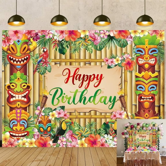 Hawaiian Luau Happy Birthday Backdrop Tropical Tiki Theme Birthday Background Aloha Luau Birthday Party Decorations Banner Supplies Photo Booth Props