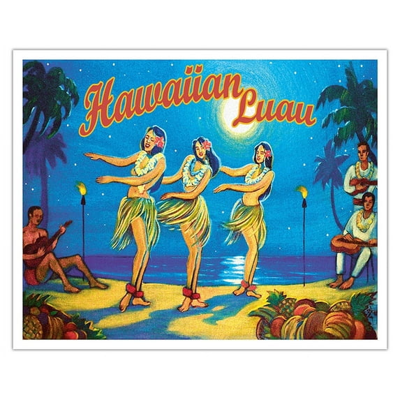 Hawaiian Luau - Hawaii Hula Dancers - Vintage Hawaiian Travel Poster by Rick Sharp - Fine Art Matte Paper Print (Unframed) 16x20in