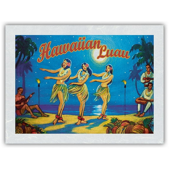 Hawaiian Luau - Hawaii Hula Dancers - Vintage Hawaiian Travel Poster by Rick Sharp - Japanese Unryu Rice Paper Art Print (Unframed) 12 x 16 in