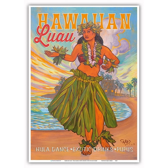 Hawaiian Luau - Hula Dance Exotic Drinks Pupus - Hawaii Hula Dancer - Vintage Hawaiian Travel Poster by Rick Sharp - Master Art Print 10in x 14in