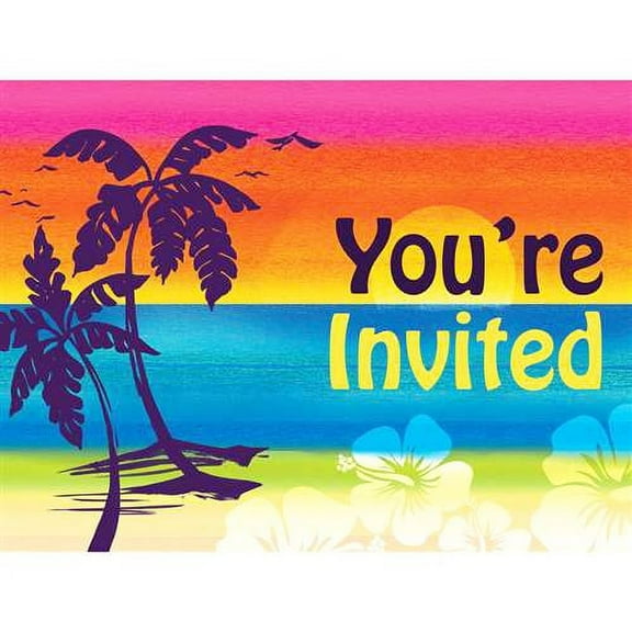 Hawaiian Luau 'Palm Tree Aloha Summer' Invitations w/ Envelopes (8ct)
