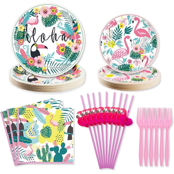 Hawaiian Luau Party Decorations Plates and Napkins Set - Flamingo Party Plates Napkins with Straws Forks Disposable Dinnerware Set for Hawaiian Luau Aloha Tropical Birthday Party Supplies , Serve 24