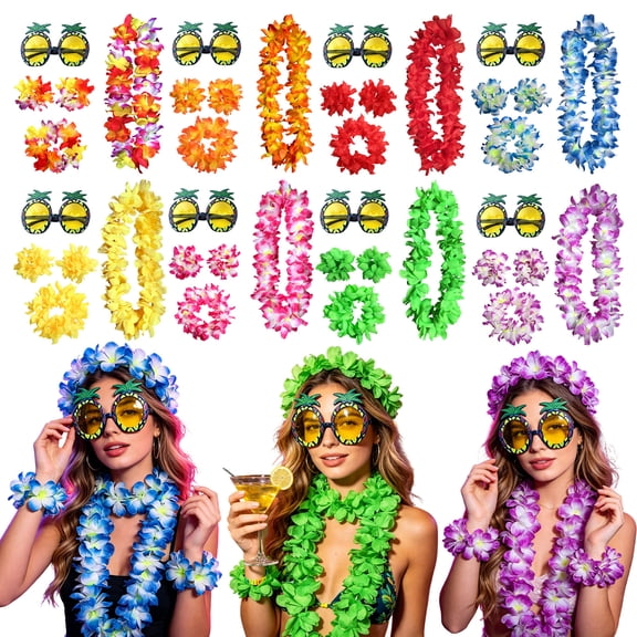 Hawaiian Luau Party Decorations Red Artificial Flower Leis for Luau Party Tropical Party Favors Summer Pool Party Decor Accessories 5 Piece Set