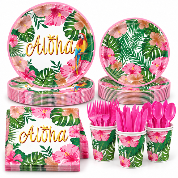 Hawaiian Luau Party Decorations Supplies, Summer Aloha Party Tropical Paper Plate Disposable Dinnerware Set for Tropical Party Decorations Serves 24