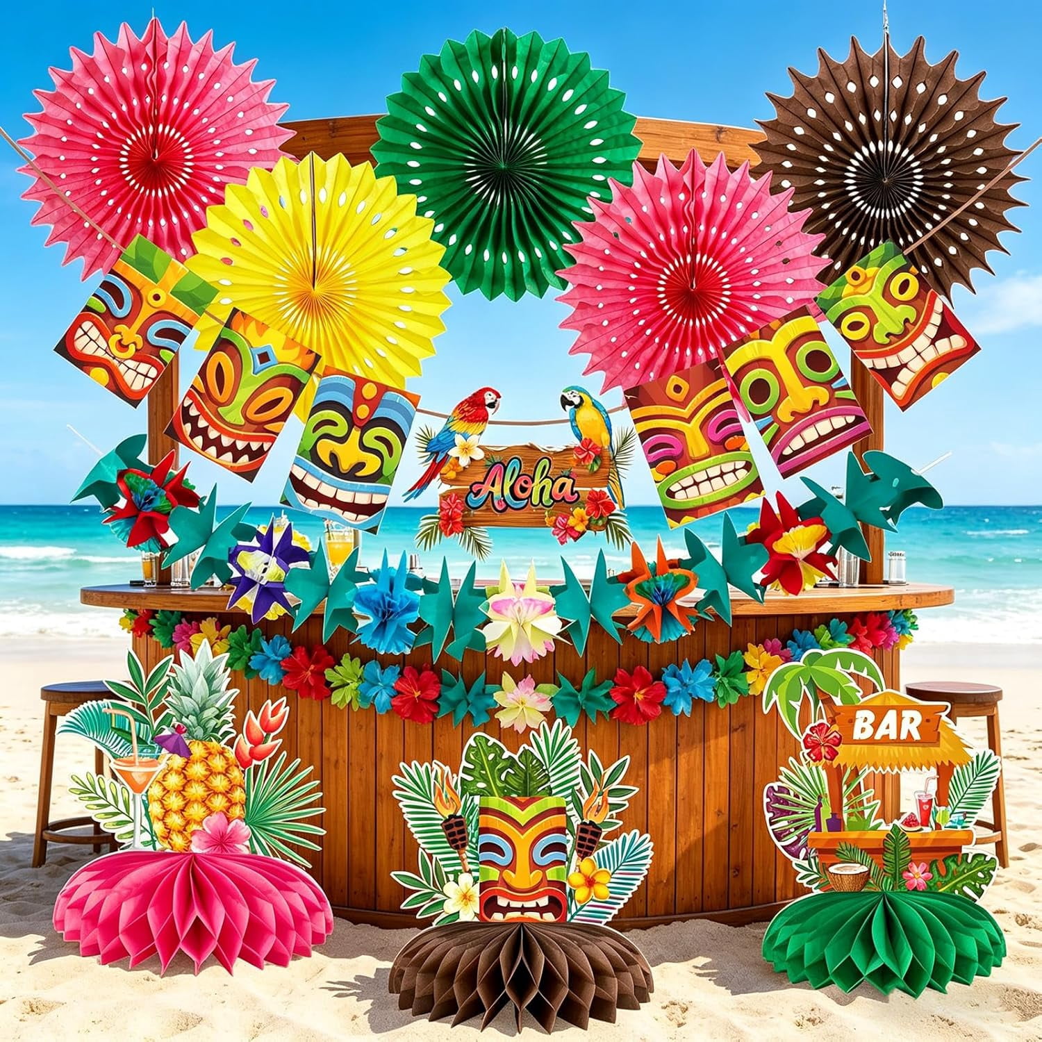 Hawaiian Luau Party Decorations Tropical Beach Aloha Palm Leaves Garland Luau Honeycomb Table Centerpiece Tissue Pom Poms Paper Fans Tiki Totem Hanging Decor Tropical Summer Beach Pool Party Supplies