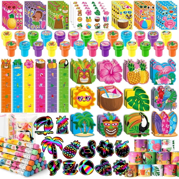 Hawaiian Luau Party Favor Stationery Set, 108-Piece Aloha Tropical Tiki Theme School Supplies For Kids, Goodie Bag Stuffers, Classroom Rewards, Pinata Filler