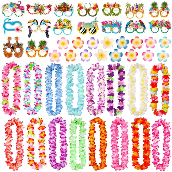 Hawaiian Luau Party Favors 48 PCS Set with Flower Leis, Paper Glasses & Hair Clips