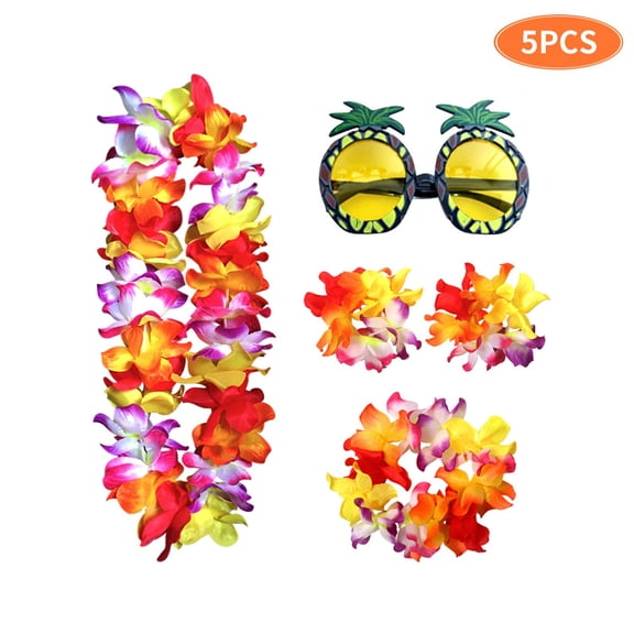 Hawaiian Luau Party Leis Set, Flower Lei Necklace, Bracelets, Headband & Pineapple Sunglasses, Tropical Themed Accessories for Summer Parties