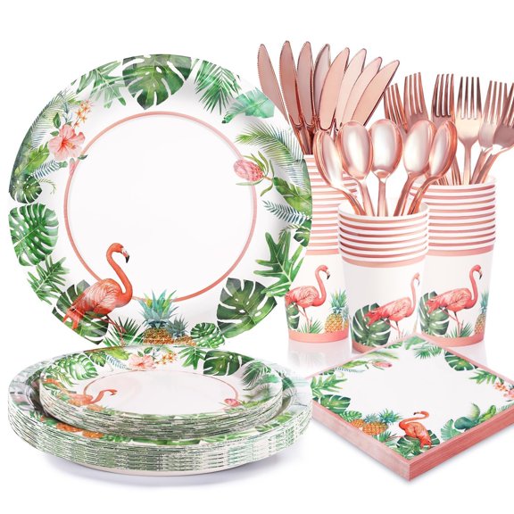 Hawaiian Luau Party Supplies 24 Guest Set with Flamingo Plates Napkins and Cutlery