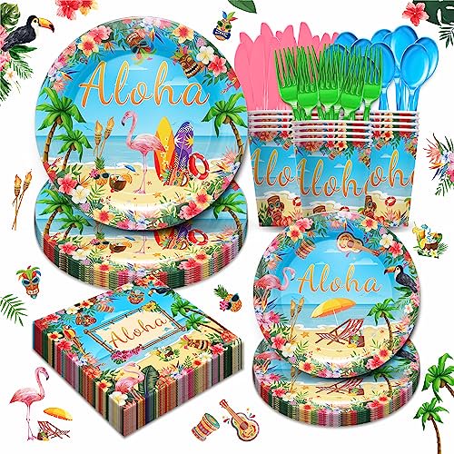 Hawaiian Luau Party Supplies Tableware Set - Tropical Flamingo Plates, Napkins, Cups, Cutlery for Summer Beach Aloha Theme Party, Serves 24