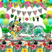 Hawaiian Luau Party Supplies - Tropical Birthday Banner, Latex Balloon, Palm Leaves, Hibiscus Flowers, Paper Plates, Napkins, Cups and Tablecloth for Aloha Summer Party Decorations, Serves 20 Guest