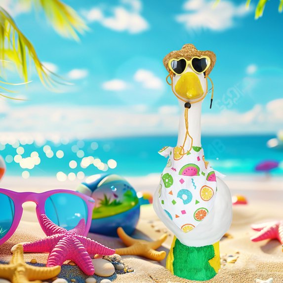 Hawaiian Luau Porch Goose Outfit with Straw Hat Sunglasses Bib, for Lawn 23'' Plastic Goose Clothes Costume Summer Outdoor Decor