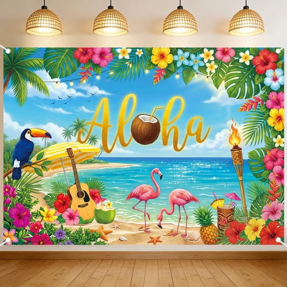 Hawaiian Luau Summer Birthday Backdrop Tropical Musical Happy Birthday Background Party Decorations Banner Photo Booth Props