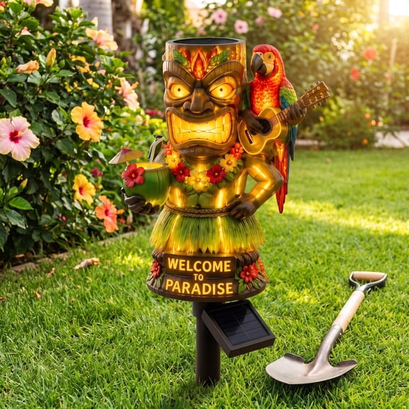 Hawaiian Luau Themed Solar Garden Stake Light, Waterproof Tiki Statue Lamp, Tropical Outdoor Tiki Bar Decor for Yard Landscaping