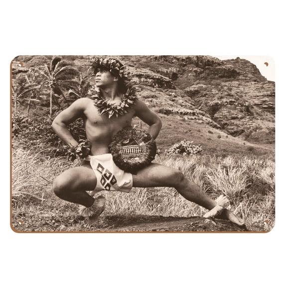 Hawaiian Male (Kane) Hula Dancer - Vintage Sepia Toned Photograph by Alan Houghton c.1960s - 8 x 12 inch Vintage Wood Art Sign