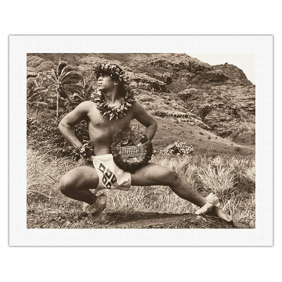 Hawaiian Male (Kane) Hula Dancer - Vintage Sepia Toned Photograph by Alan Houghton c.1960s - Fine Art Rolled Canvas Print 20in x 26in