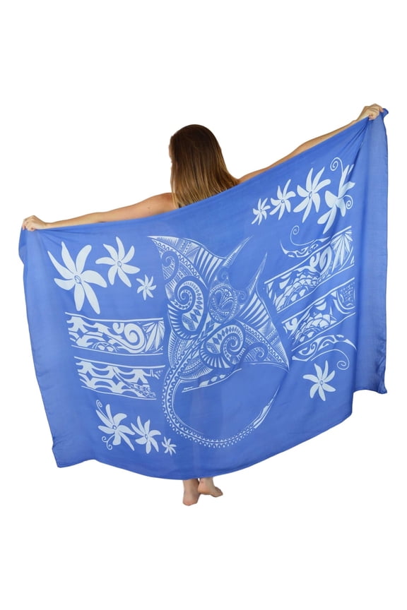 Island Style Women's Pareo Sarong Cover-up- Hawaiian Manta Ray Pattern, Blue