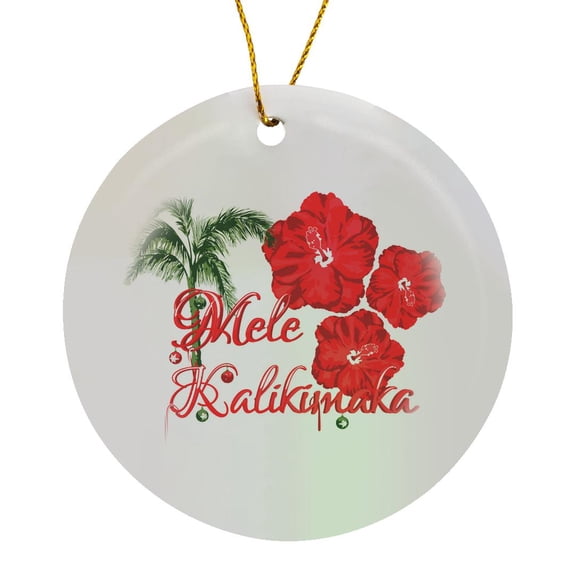 3drose, Hawaiian Mele Kalikimaka Merry Christmas Tropical Flowers, Circle Porcelain Ornament