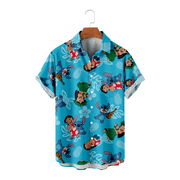 QINGY Hawaiian Men's Lilo & Stitch Printed Short Sleeve Shirt, Cartoon Cute Pattern Top, Fashionable Casual Clothes, Summer Loose Shirt,Children-100cm,#03