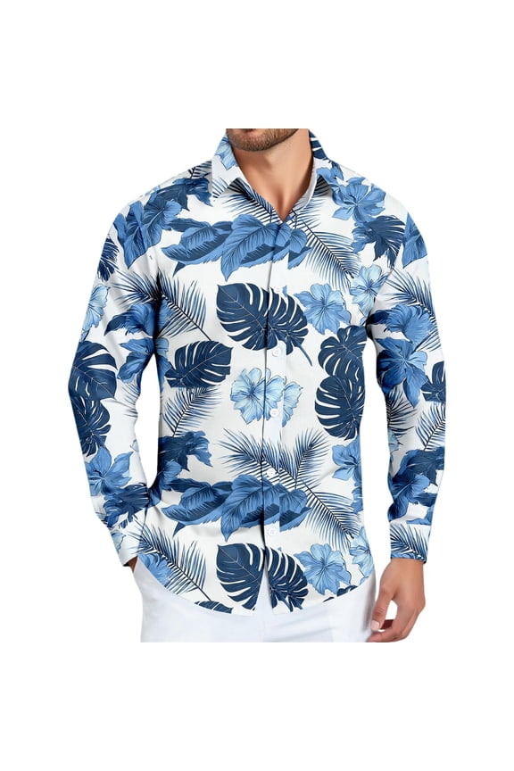 Hawaiian Mens Shirts Long Sleeve Sailboat Print Button Down Shirts Tropical Vacation Beach Clothes