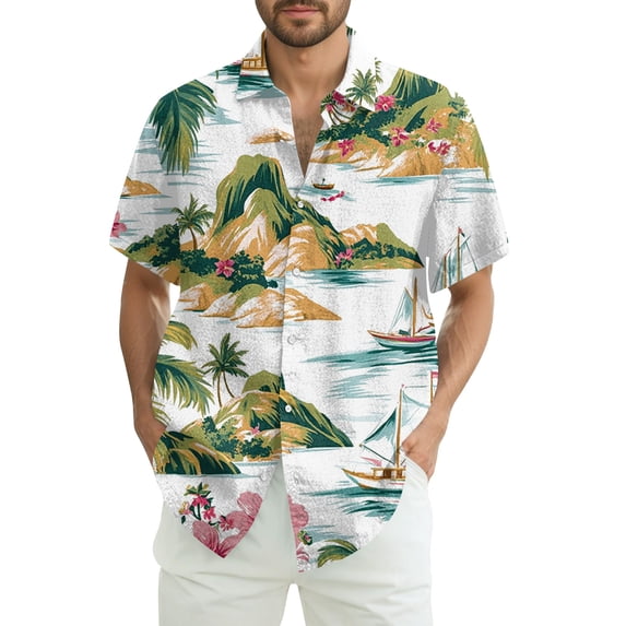 Hawaiian Mens Shirts Short Sleeve Ocean Wave Print Button Down Shirts Casual Stylish Beach Vacation Blouses