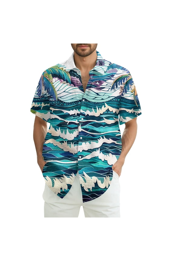 Hawaiian Mens Shirts Short Sleeve Ocean Wave Print Button Down Shirts Casual Stylish Beach Vacation Blouses