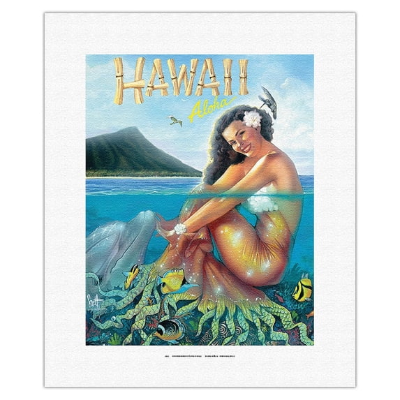 Hawaiian Mermaid - Aloha from Hawaii - From an Original Color Painting by Scott Westmoreland - Fine Art Rolled Canvas Print 11in x 14in