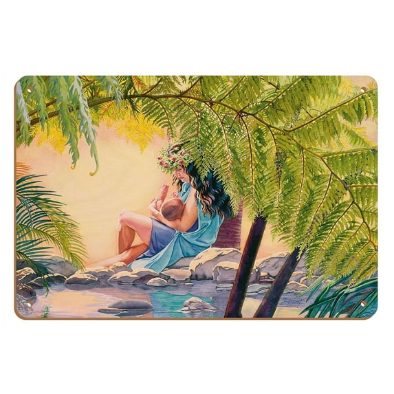 Hawaiian Mother and Child (Ka Makuahine Hawaiʻi A Me Ke Keiki) - From an Original Watercolor Painting by Janet Stewart - 8 x 12 inch Vintage Wood Art Sign