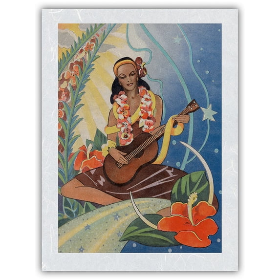 Hawaiian Musician - Vintage Hawaiian Christmas Card by Ted Mundorff c.1943 - Japanese Unryu Rice Paper Art Print (Unframed) 12 x 16 in
