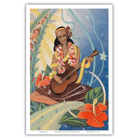 Hawaiian Musician - Vintage Hawaiian Christmas Card by Ted Mundorff c.1943 - Master Art Print (Unframed) 12in x 18in