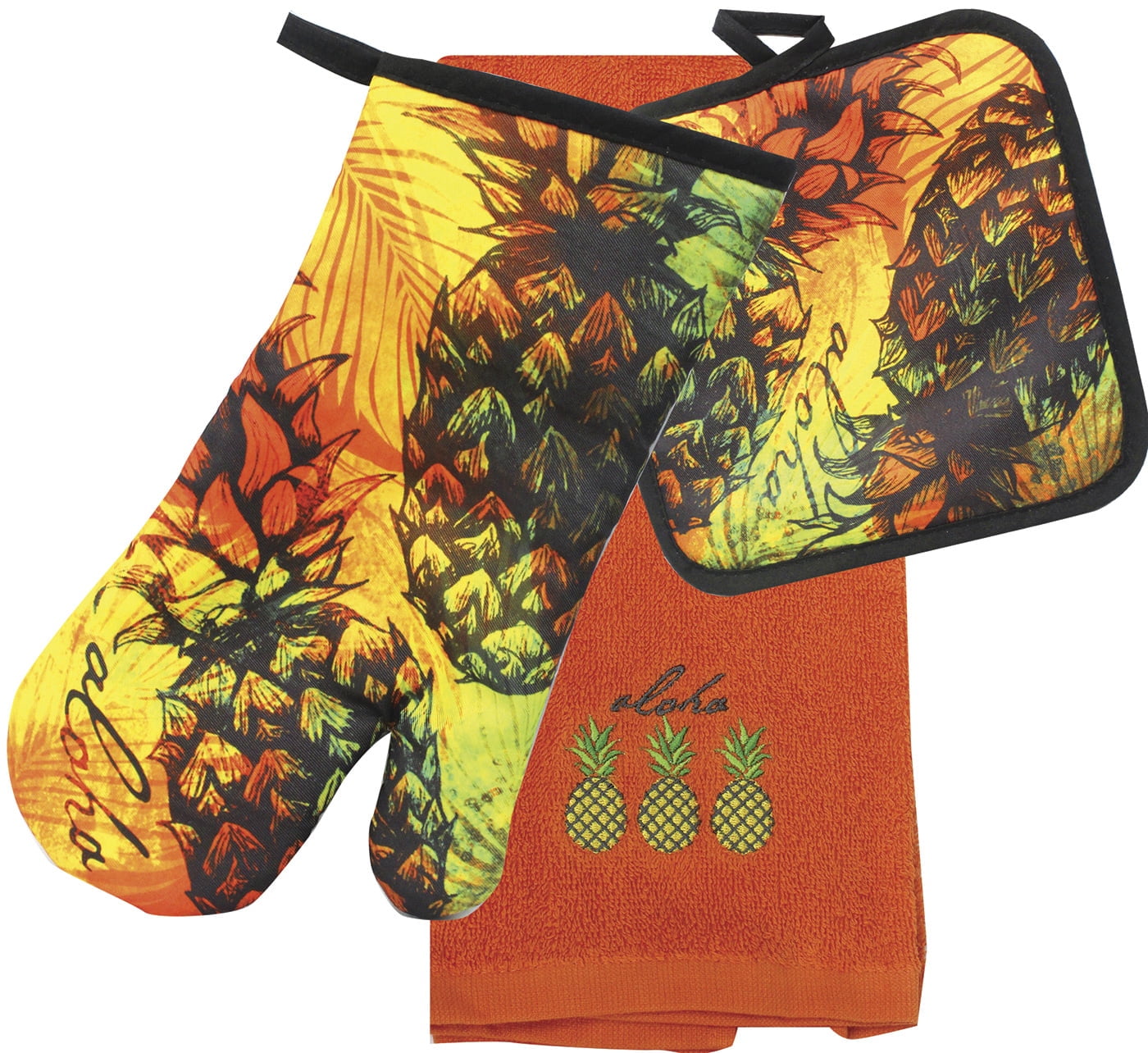 Hawaiian Native Treasures Hawaii 3 Piece Kitchen Set: Towel, Potholder, Oven Mitt Pineapple Splash