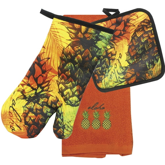 Hawaiian Native Treasures Hawaii 3 Piece Kitchen Set: Towel, Potholder, Oven Mitt Pineapple Splash