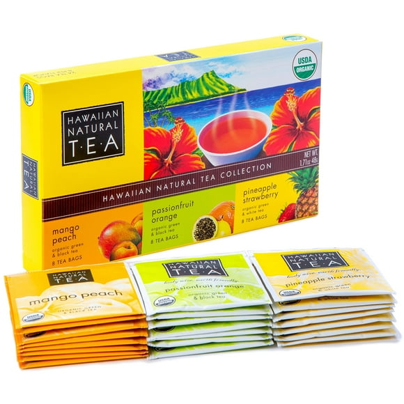 Hawaiian Natural Organic Tropical Fruit Tea Sampler - Green, Black, White Tropical Fruit Tea Blends, Gift Box Set For Special Occasions - 24 Bags