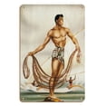 thumbnail image 1 of Hawaiian Net Fisherman (Lawaiʻa) and Outrigger Canoe (Waʻa) - Vintage Hawaiian Airbrush Art by Gill c.1940s - 8 x 12 inch Vintage Wood Art Sign, 1 of 4