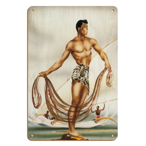 Hawaiian Net Fisherman (Lawaiʻa) and Outrigger Canoe (Waʻa) - Vintage Hawaiian Airbrush Art by Gill c.1940s - 8 x 12 inch Vintage Wood Art Sign