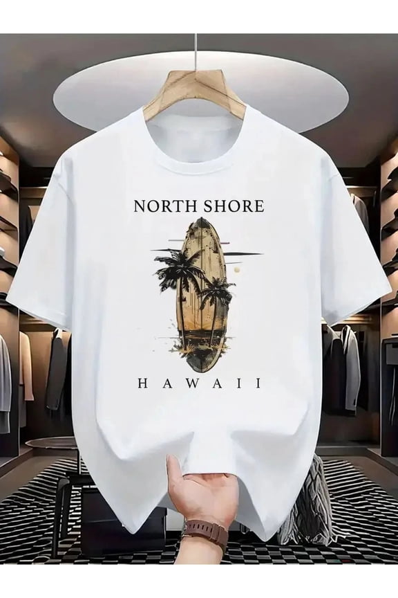Hawaiian North Shore Surfboard Retro Palm Tree Elements Men's Unisex T-Shirt, S - 5XL