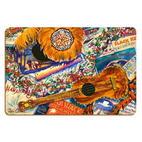 Hawaiian Nostalgia - Ukulele Feather Gourds (’Uli ’Uli) Sheet Music - From an Original Hawaii Watercolor Painting by Peggy Chun - 8 x 12 inch Vintage Wood Art Sign