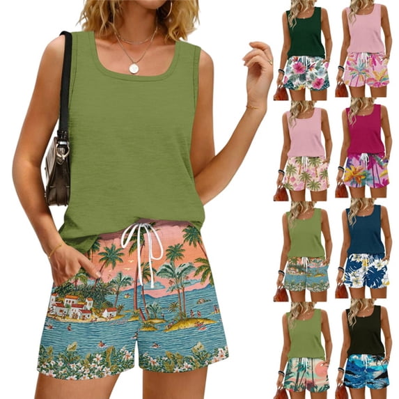 Hawaiian Outfits for Women 2 Piece Sets Sleeveless Scoop Neck Tank Tops and Beach Shorts Set Loungewear 2 Pc Sets Green L