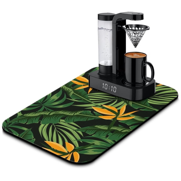 Hawaiian Palm Inspired Dish Drying Mat, Absorbent Coffee Bar Pad, Tropical Jungle Leaf Kitchen Mat for Under Coffee Machine or Espresso