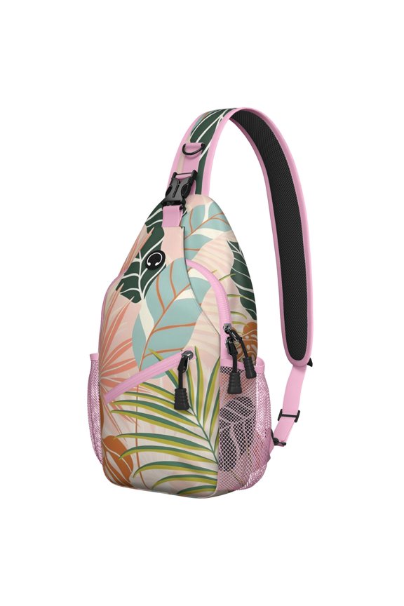 Hawaiian Palm Leaf Sling Backpack, Lightweight Crossbody Bag with Tropical Jungle Leaves, Exotic Floral, Botanical Print, Summer Beach Design