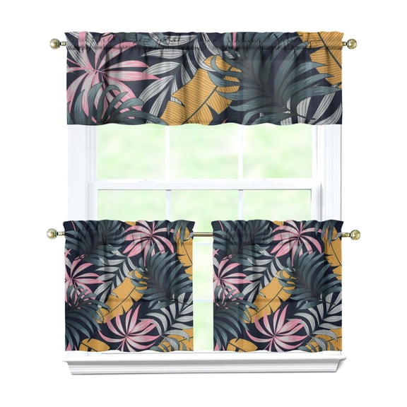 Hawaiian Palm Leaves and Hibiscus Flowers Kitchen Curtains Set 3 Piece, 27.5x24 Inch Polyester Window Drapes for Coastal Kitchen