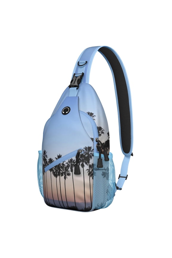 Hawaiian Palm Tree Sling Backpack, Summer Beach Crossbody Bag with Minimalist Tropical Sunset, Ocean Paradise, Boho and Vibrant Island Style
