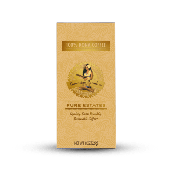 Hawaiian Paradise Coffee 100% Kona Coffee, 8oz Bag Whole Bean, Kona Roast, Made in USA in Small Batches from Sustainably Grown Arabica Beans, Pure Estates